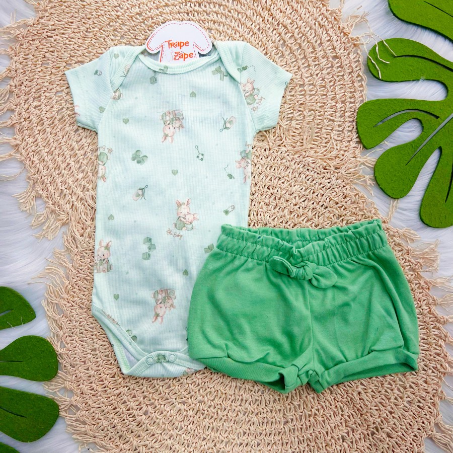 Conj. Body Canelado Coelhinhas e Short - Verde